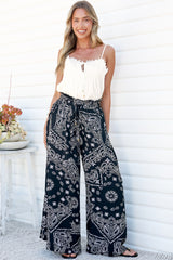 Charli Pants - Paper Bag High Waisted Wide Leg Pants in Barley Print Black