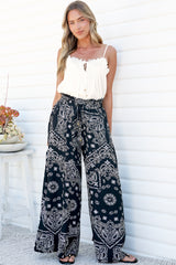 Charli Pants - Paper Bag High Waisted Wide Leg Pants in Barley Print Black