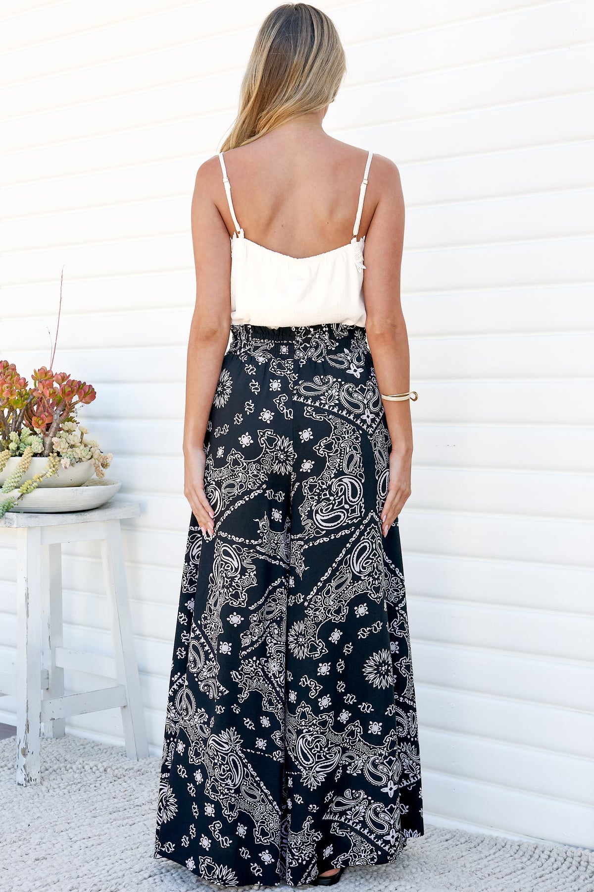 Charli Pants - Paper Bag High Waisted Wide Leg Pants in Barley Print Black