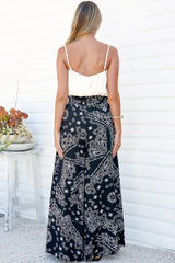 Charli Pants - Paper Bag High Waisted Wide Leg Pants in Barley Print Black