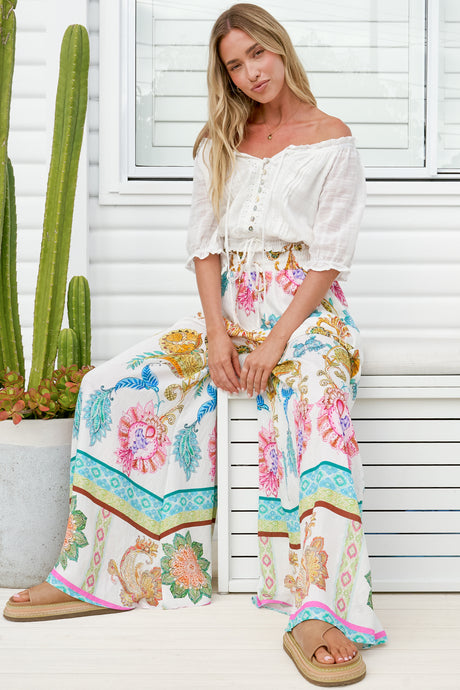 Charli Pants - Paper Bag High Waisted Wide Leg Pants in Bassena Print