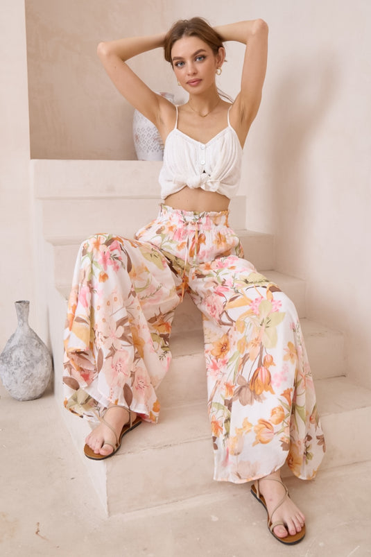 Charli Pants -  Paper Bag High Waisted Wide Leg Pants in Claira Print