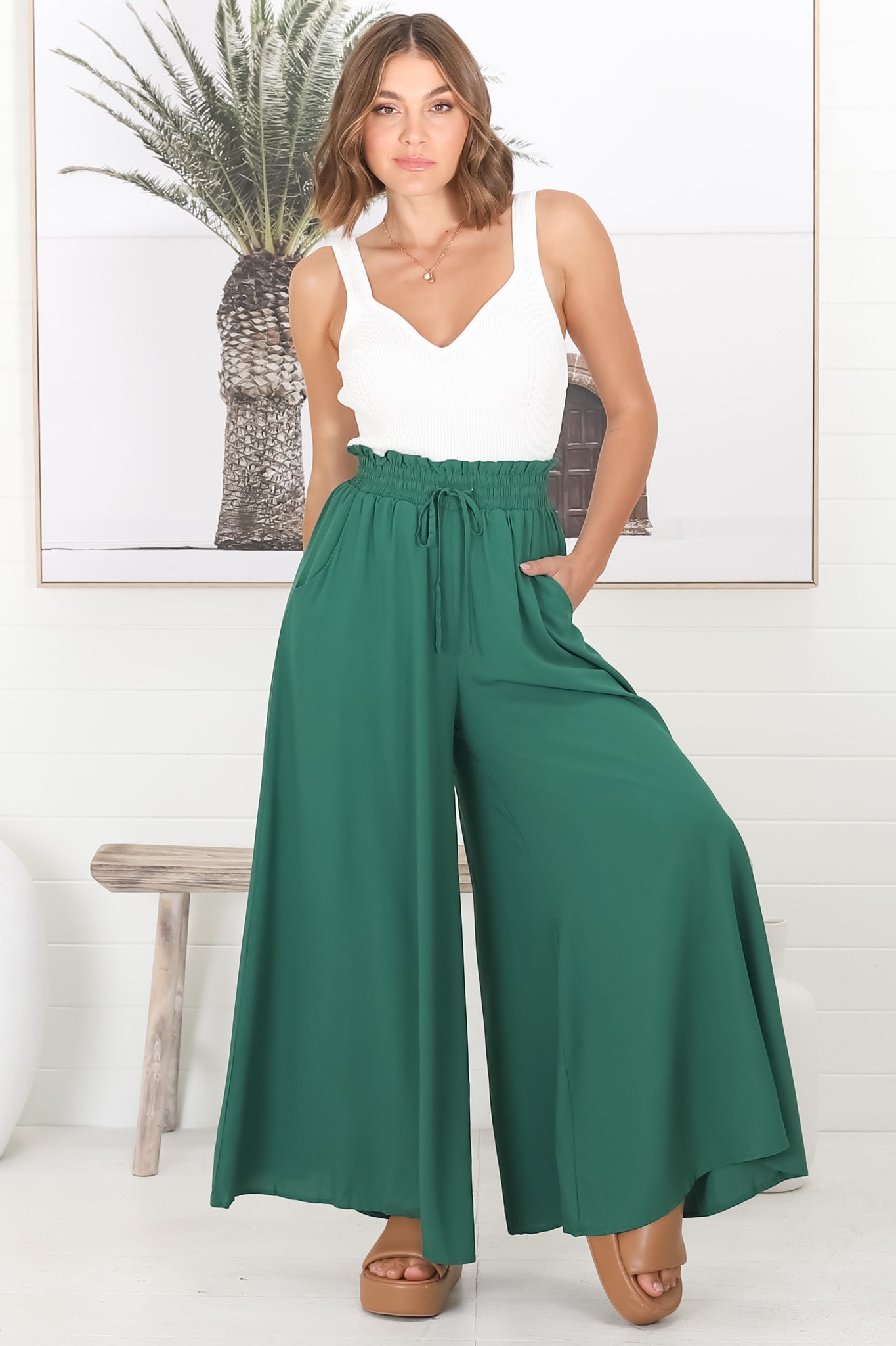 Charli Pants - Paper Bag High Waisted Wide Leg Pants in Emerald