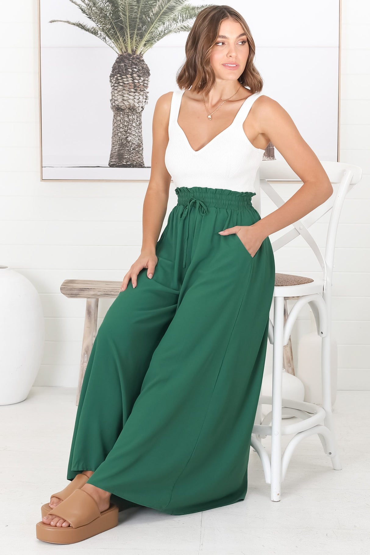 Charli Pants - Paper Bag High Waisted Wide Leg Pants in Emerald