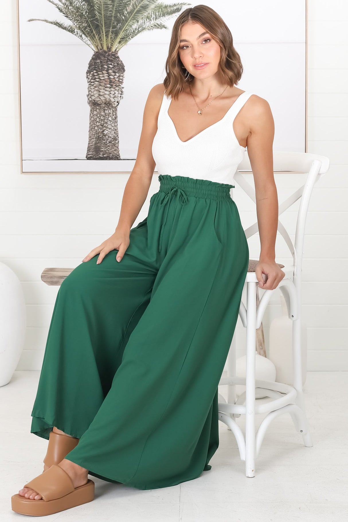 Charli Pants - Paper Bag High Waisted Wide Leg Pants in Emerald