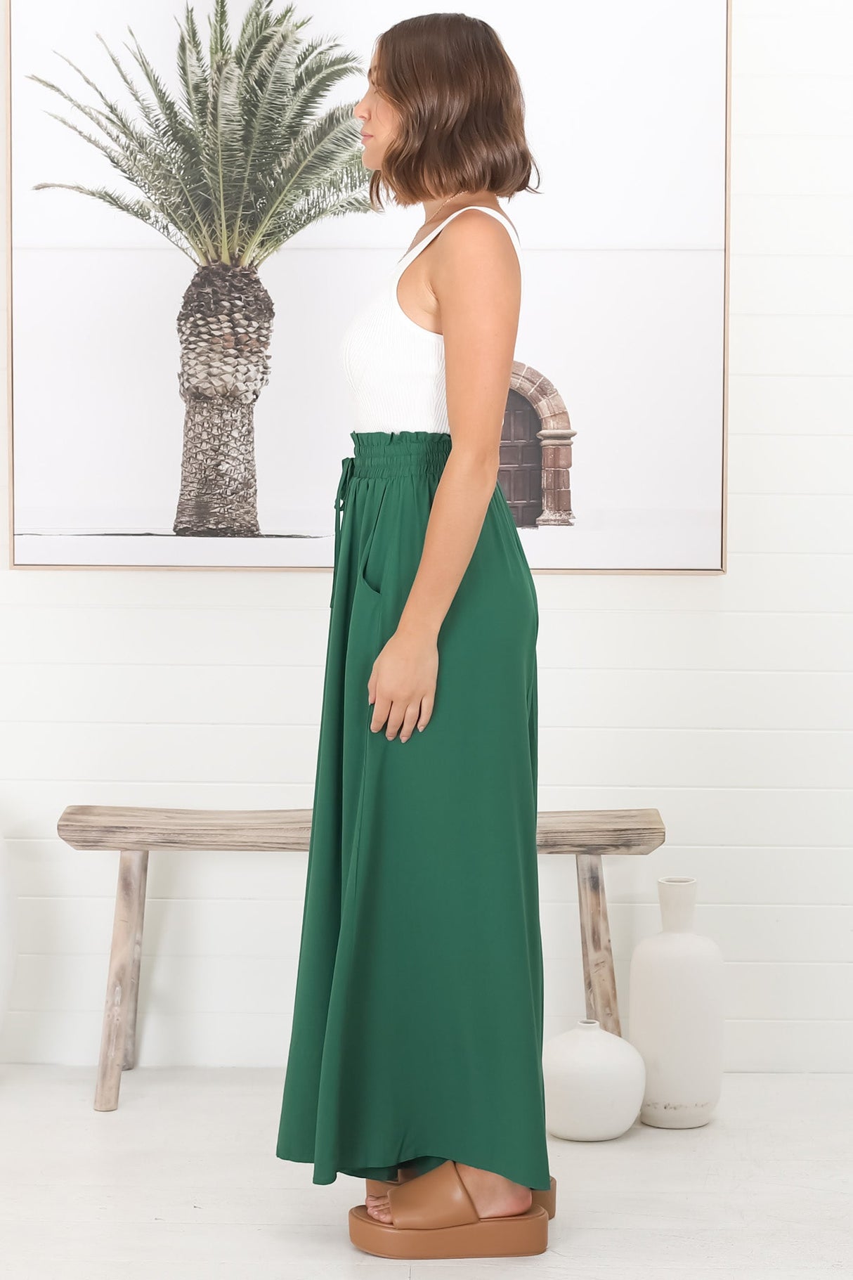 Charli Pants - Paper Bag High Waisted Wide Leg Pants in Emerald