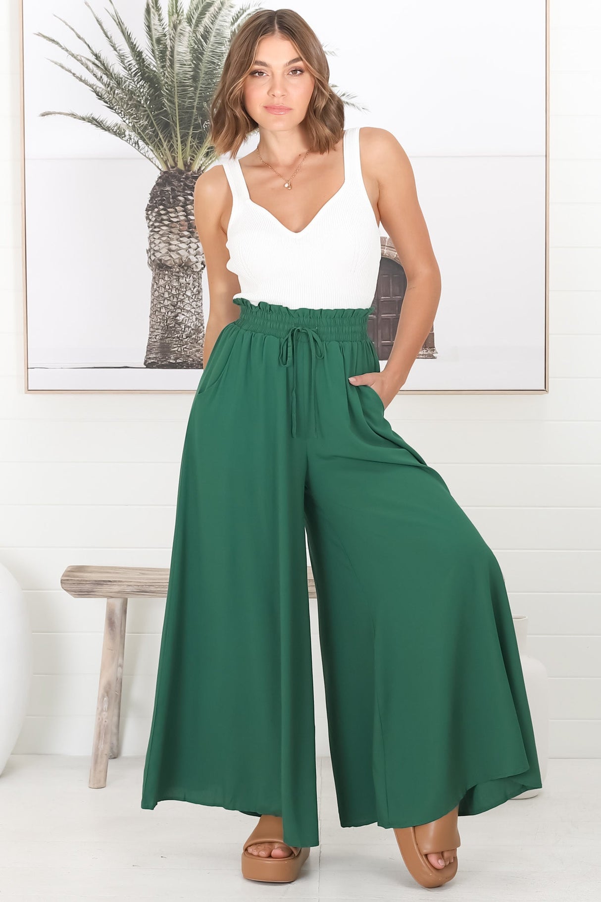 Charli Pants - Paper Bag High Waisted Wide Leg Pants in Emerald