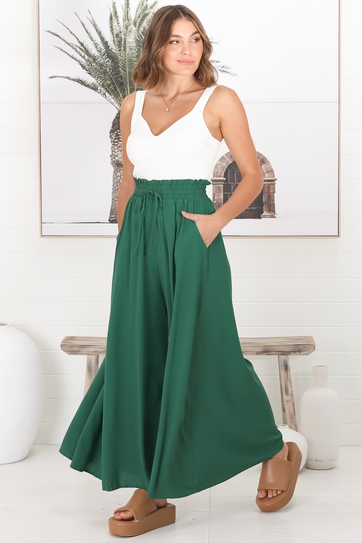 Charli Pants - Paper Bag High Waisted Wide Leg Pants in Emerald