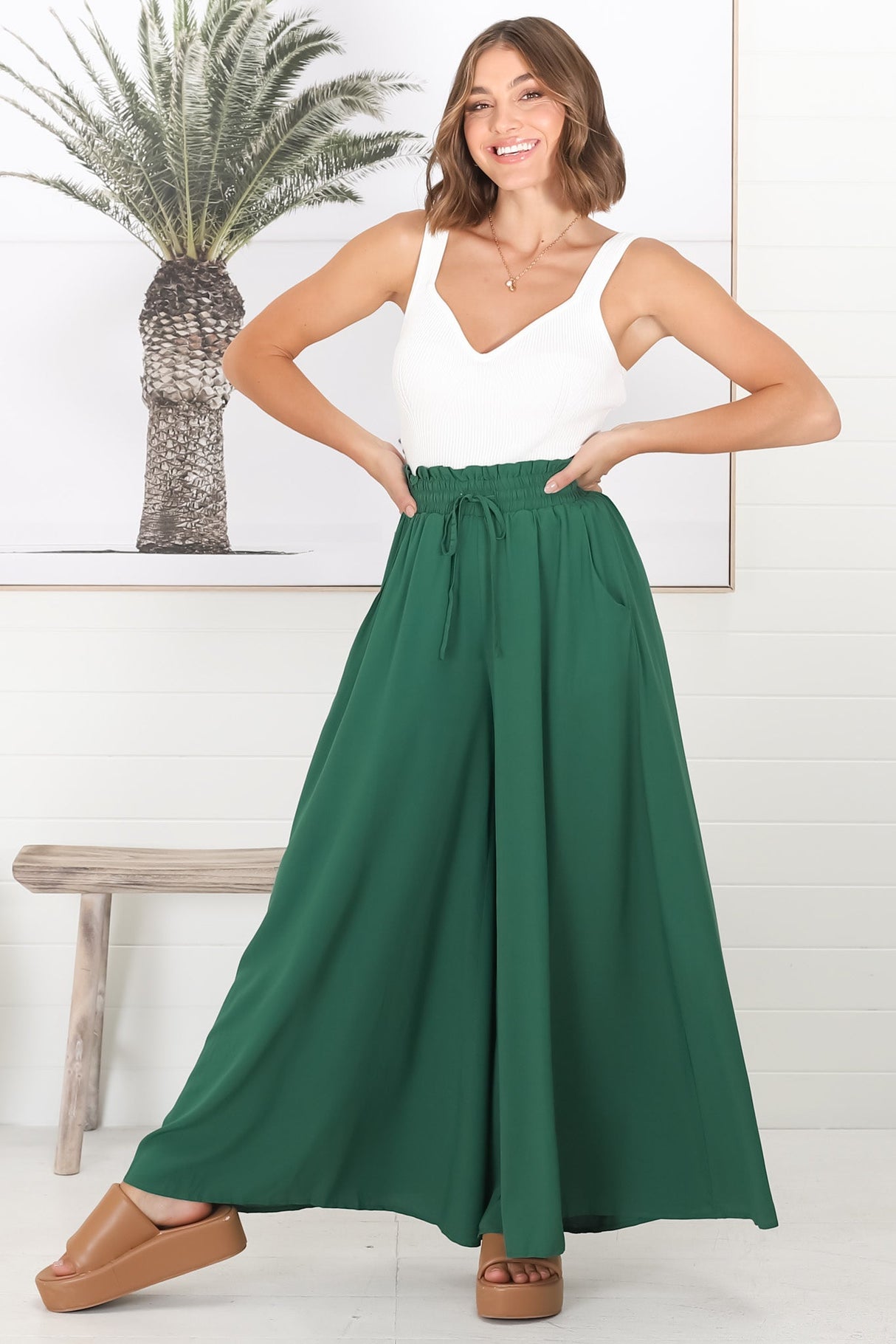 Charli Pants - Paper Bag High Waisted Wide Leg Pants in Emerald