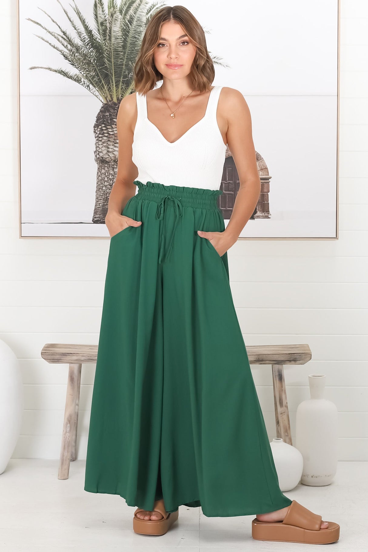 Charli Pants - Paper Bag High Waisted Wide Leg Pants in Emerald