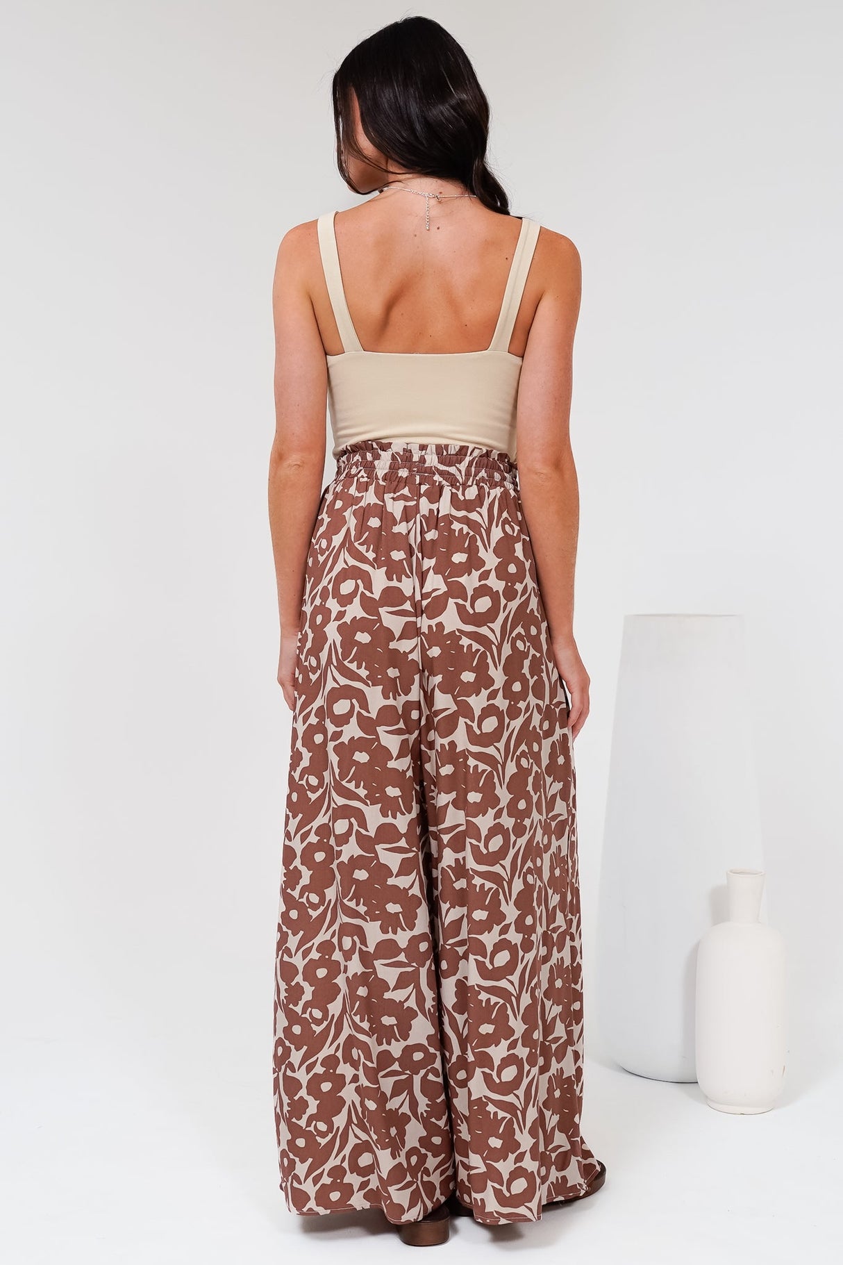 Charli Pants - Paper Bag High Waisted Wide Leg Pants in Emma-Jade Print Brown
