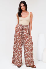 Charli Pants - Paper Bag High Waisted Wide Leg Pants in Emma-Jade Print Brown