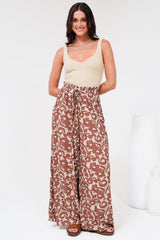 Charli Pants - Paper Bag High Waisted Wide Leg Pants in Emma-Jade Print Brown
