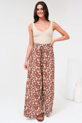 Charli Pants - Paper Bag High Waisted Wide Leg Pants in Emma-Jade Print Brown
