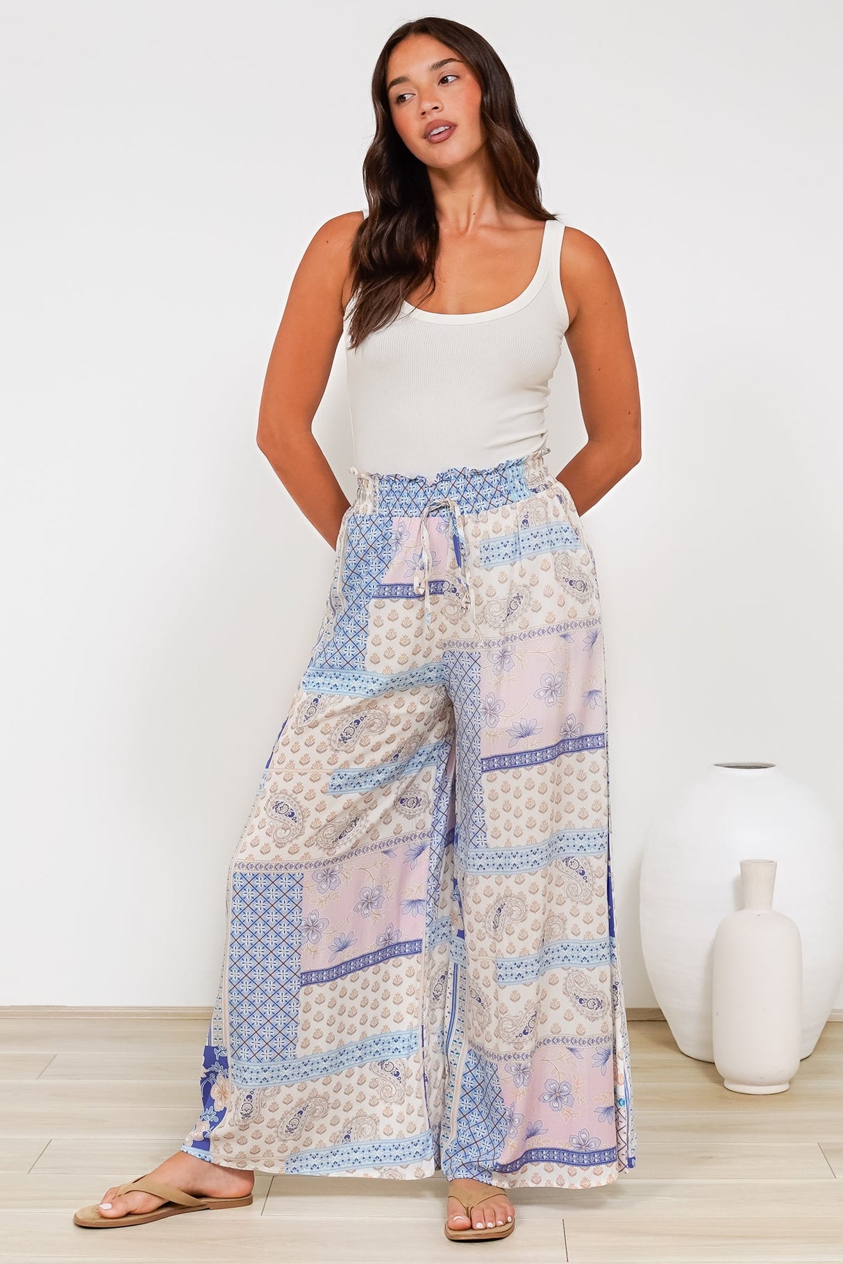 Charli Pants - Paper Bag High Waisted Wide Leg Pants in Evelon Print