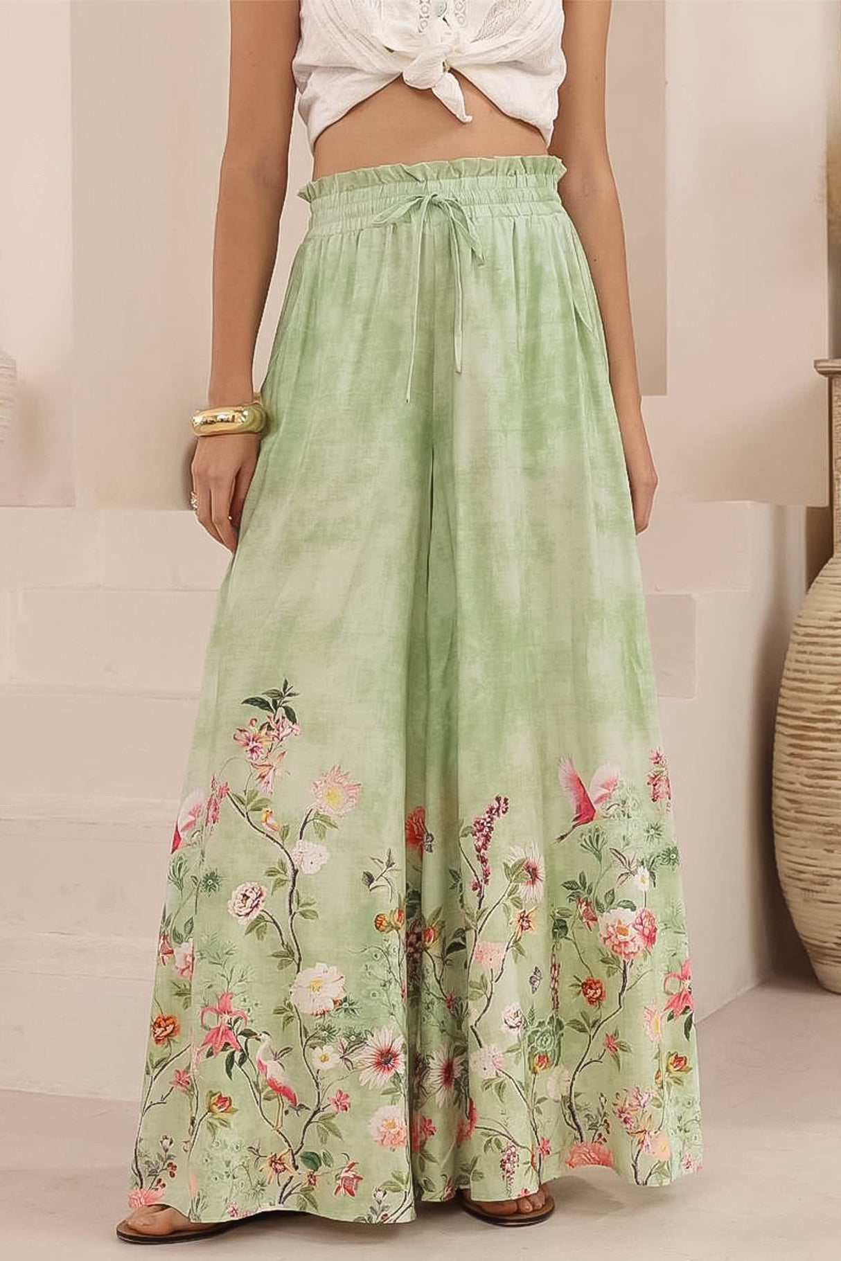 Charli Pants - Paper Bag High Waisted Wide Leg Pants in Ferngully Print