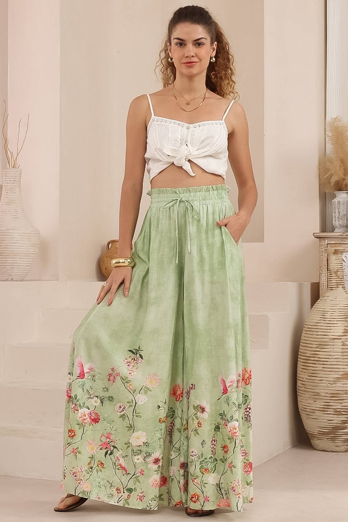 Charli Pants - Paper Bag High Waisted Wide Leg Pants in Ferngully Print