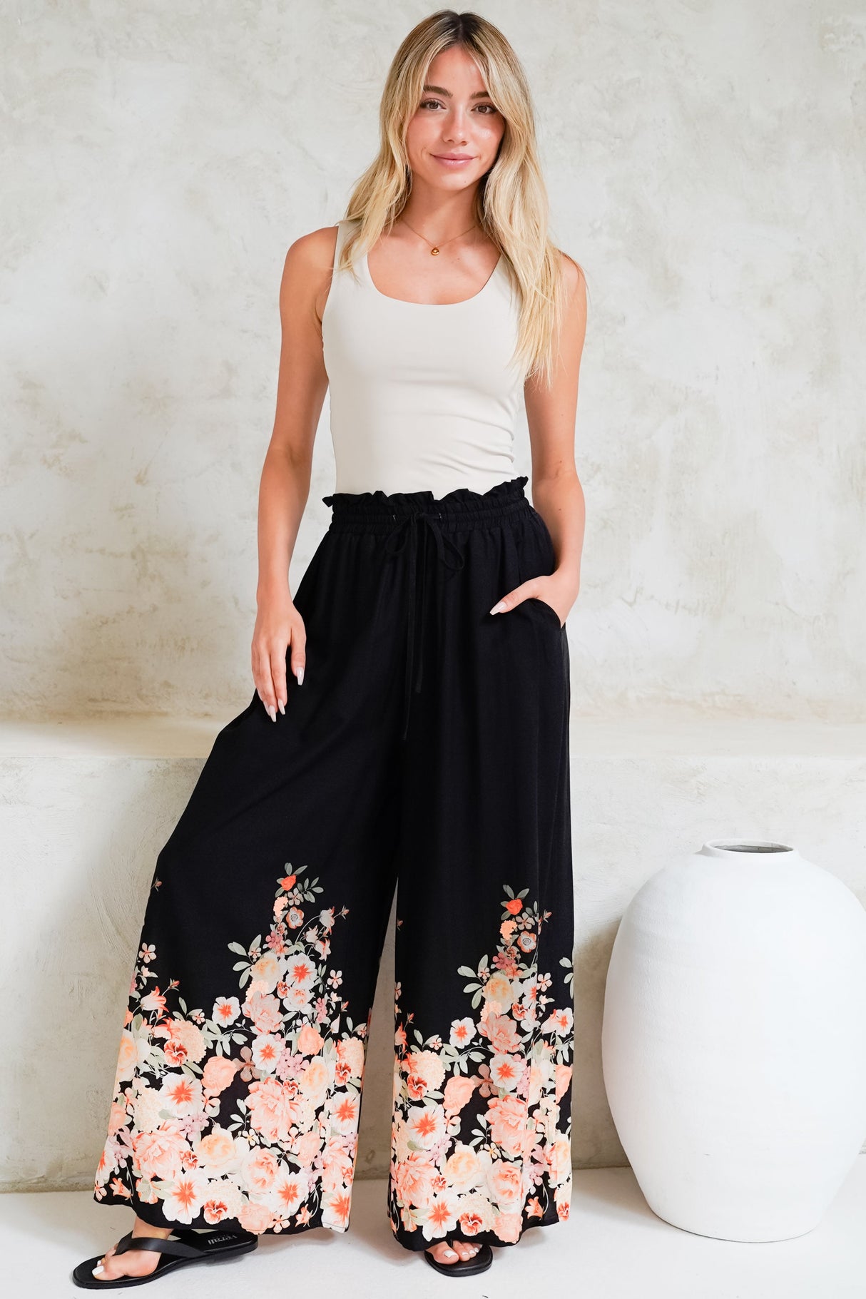 Charli Pants - Paper Bag High Waisted Wide Leg Pants in Florence Print Black