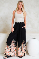 Charli Pants - Paper Bag High Waisted Wide Leg Pants in Florence Print Black