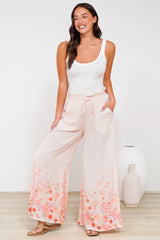 Charli Pants - Paper Bag High Waisted Wide Leg Pants in Florence Print Pink