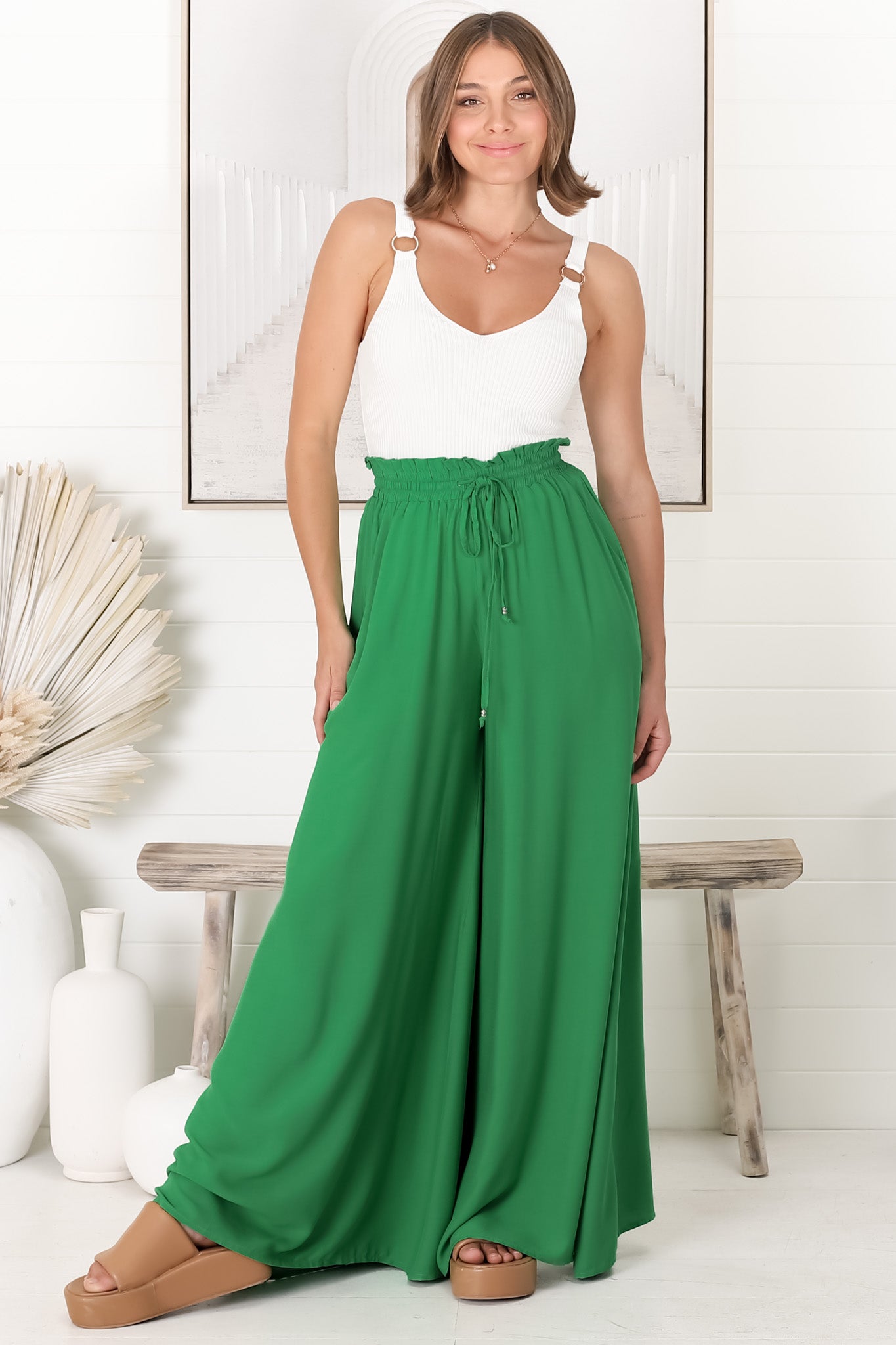 Charli Pants - Paper Bag High Waisted Wide Leg Pants in Green