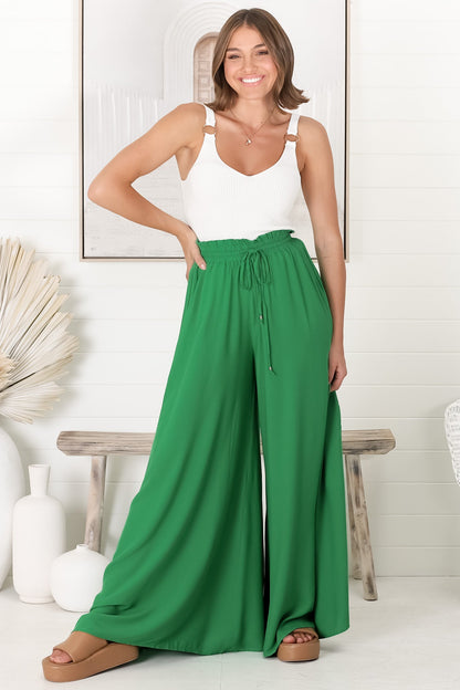 Charli Pants - Paper Bag High Waisted Wide Leg Pants in Green