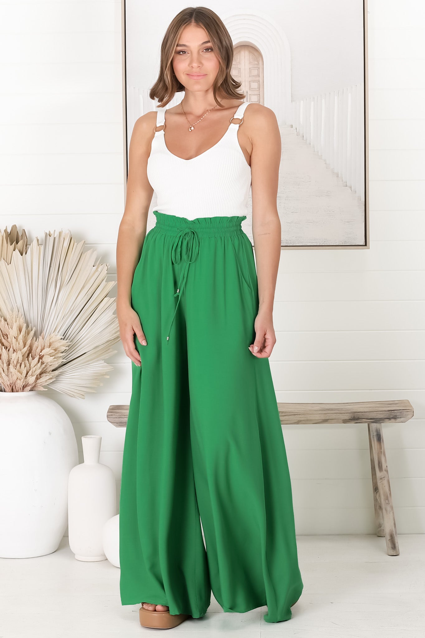 Charli Pants - Paper Bag High Waisted Wide Leg Pants in Green