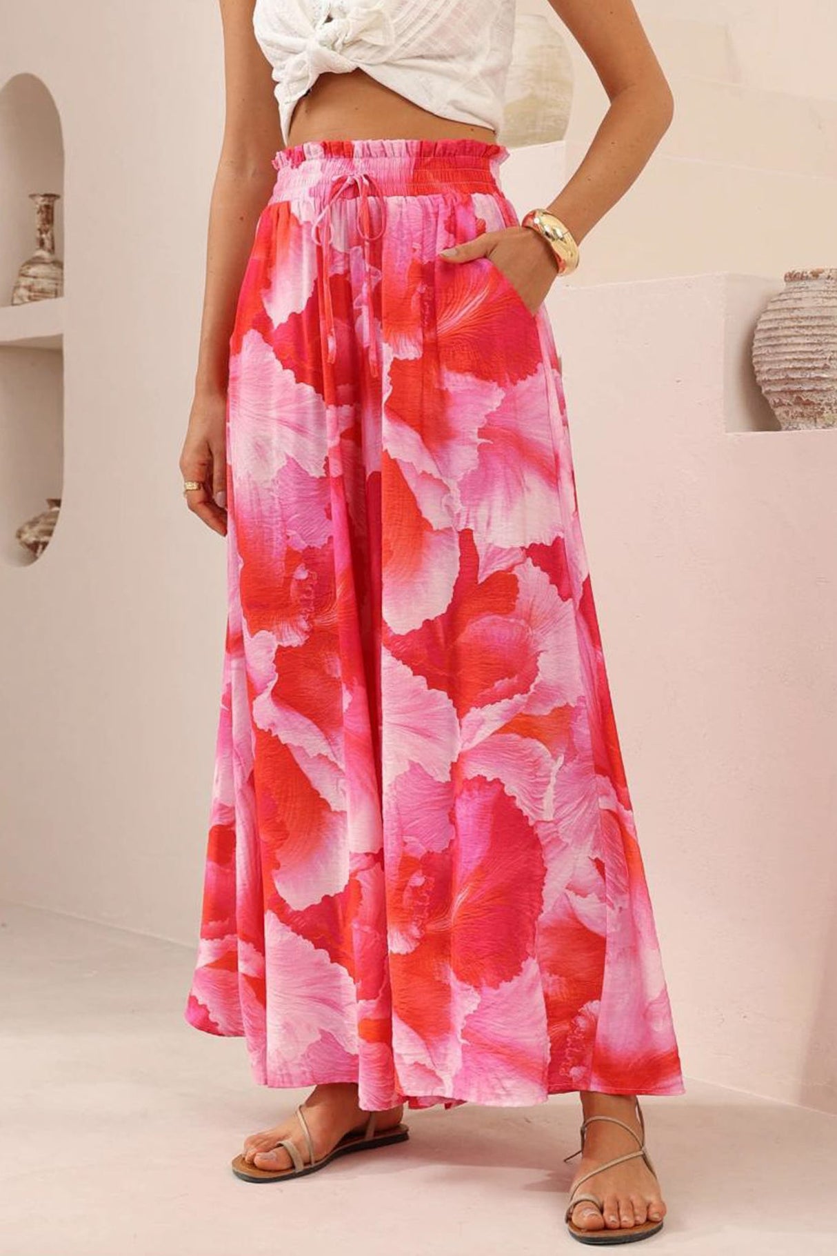 Charli Pants -  Paper Bag High Waisted Wide Leg Pants in Greta Print