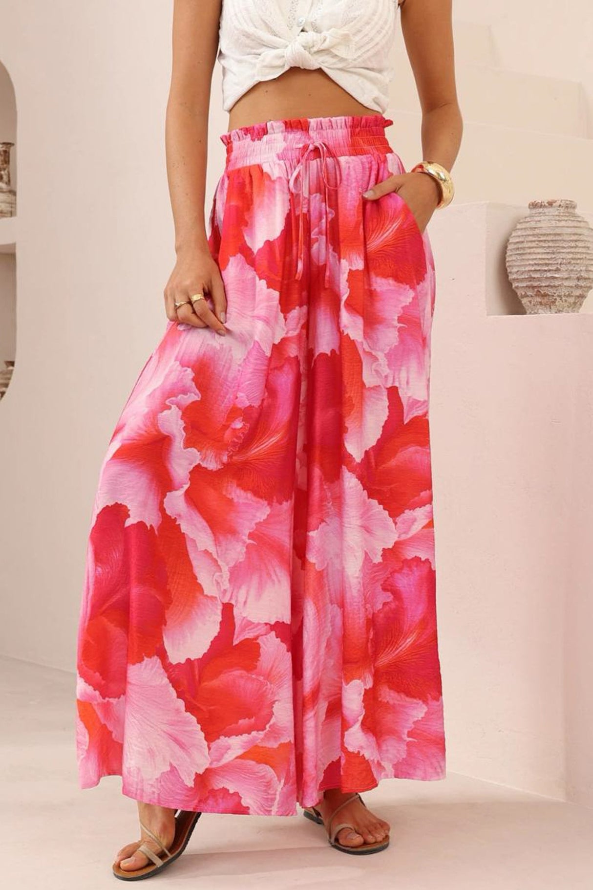 Charli Pants -  Paper Bag High Waisted Wide Leg Pants in Greta Print