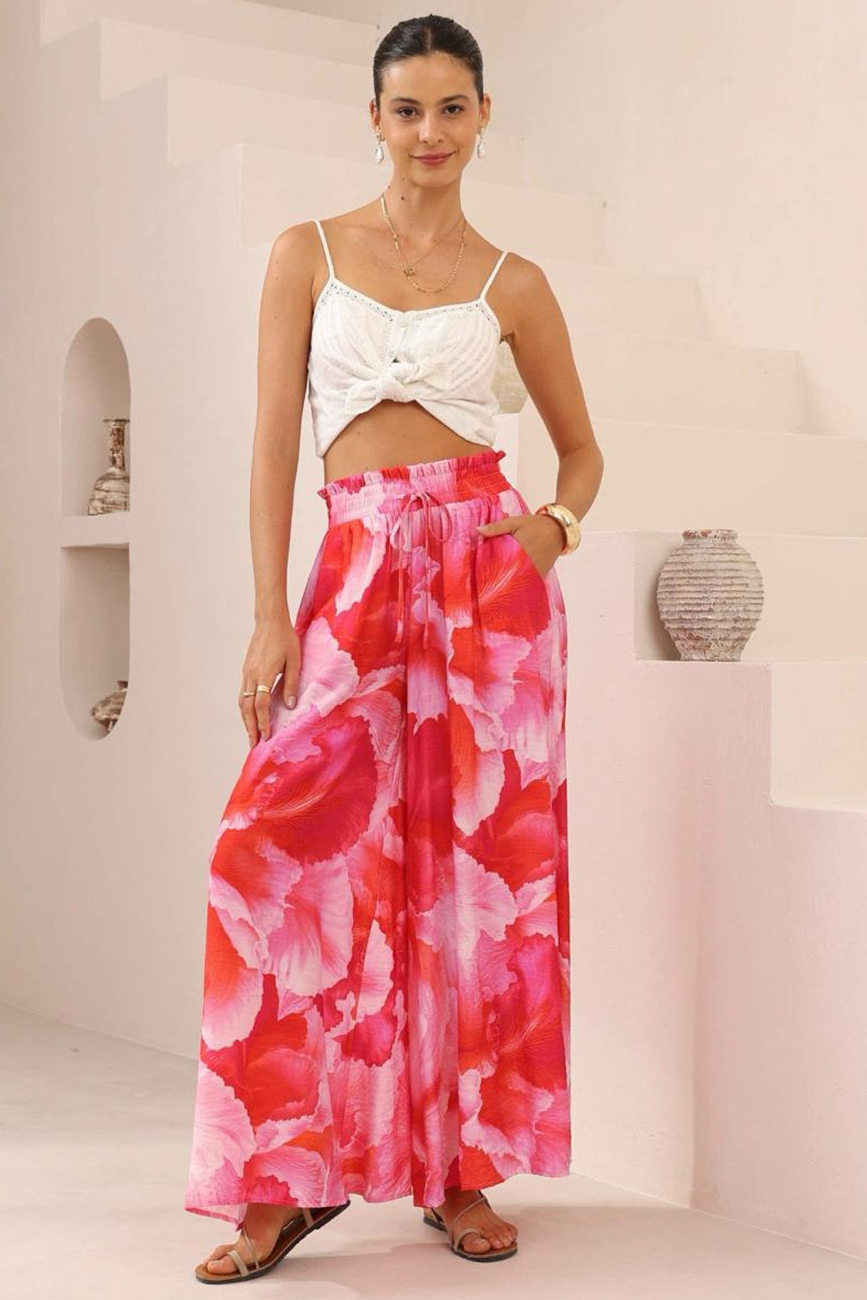 Charli Pants -  Paper Bag High Waisted Wide Leg Pants in Greta Print