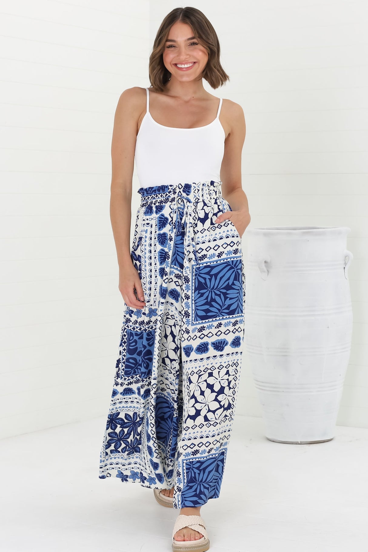 Charli Pants - Paper Bag High Waisted Wide Leg Pants in Halia Print