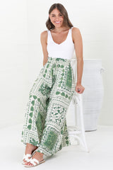 Charli Pants - Paper Bag High Waisted Wide Leg Pants in Halia Print Green