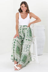 Charli Pants - Paper Bag High Waisted Wide Leg Pants in Halia Print Green