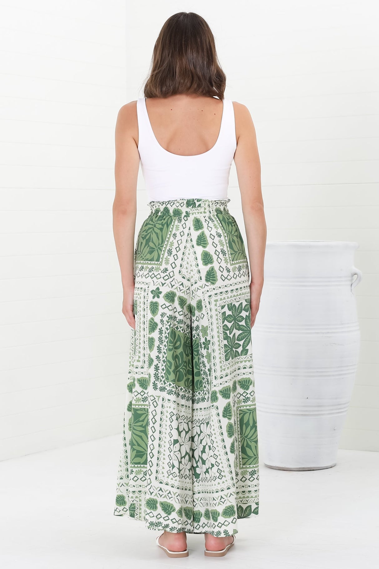 Charli Pants - Paper Bag High Waisted Wide Leg Pants in Halia Print Green