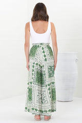 Charli Pants - Paper Bag High Waisted Wide Leg Pants in Halia Print Green