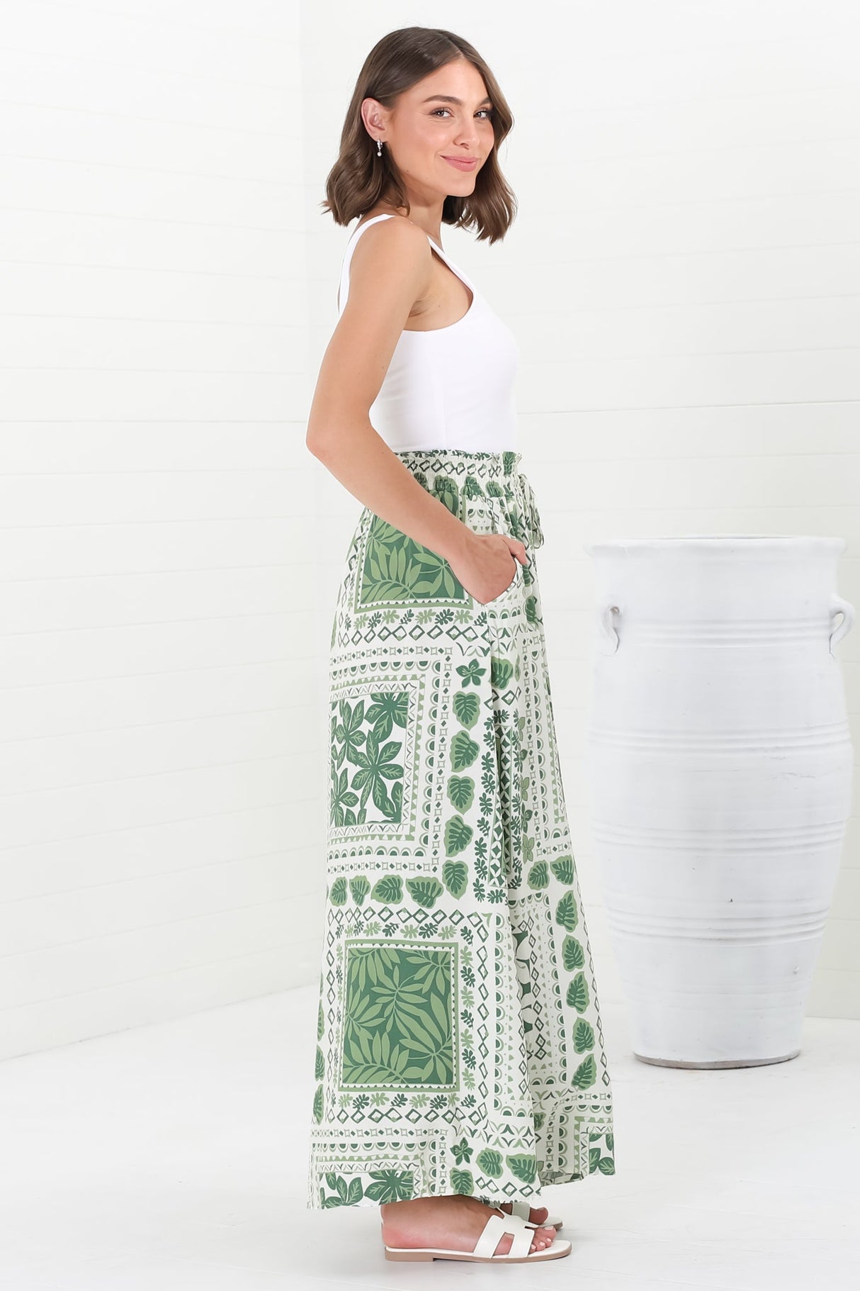 Charli Pants - Paper Bag High Waisted Wide Leg Pants in Halia Print Green