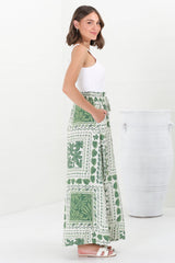 Charli Pants - Paper Bag High Waisted Wide Leg Pants in Halia Print Green