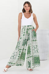 Charli Pants - Paper Bag High Waisted Wide Leg Pants in Halia Print Green