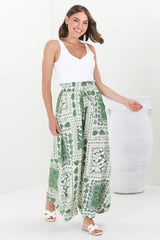 Charli Pants - Paper Bag High Waisted Wide Leg Pants in Halia Print Green