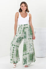 Charli Pants - Paper Bag High Waisted Wide Leg Pants in Halia Print Green