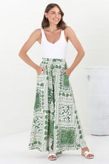 Charli Pants - Paper Bag High Waisted Wide Leg Pants in Halia Print Green