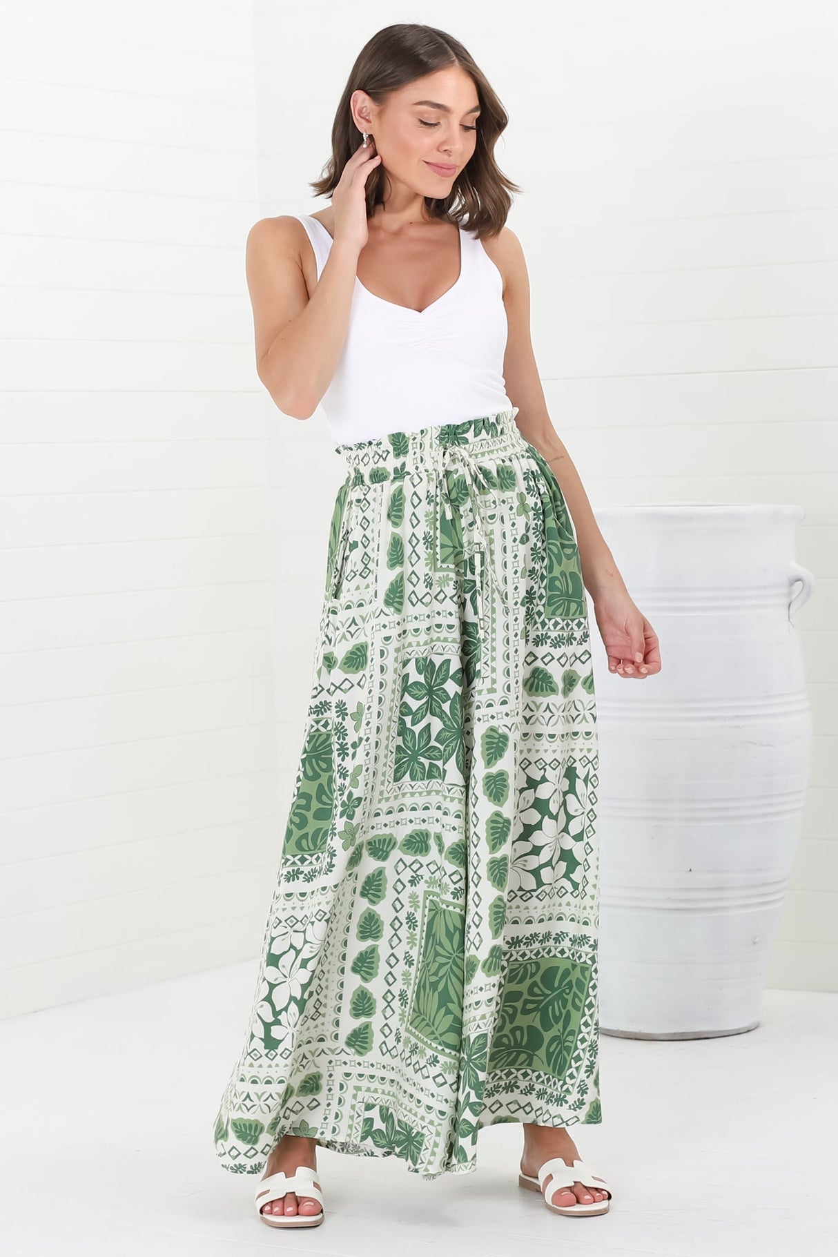 Charli Pants - Paper Bag High Waisted Wide Leg Pants in Halia Print Green