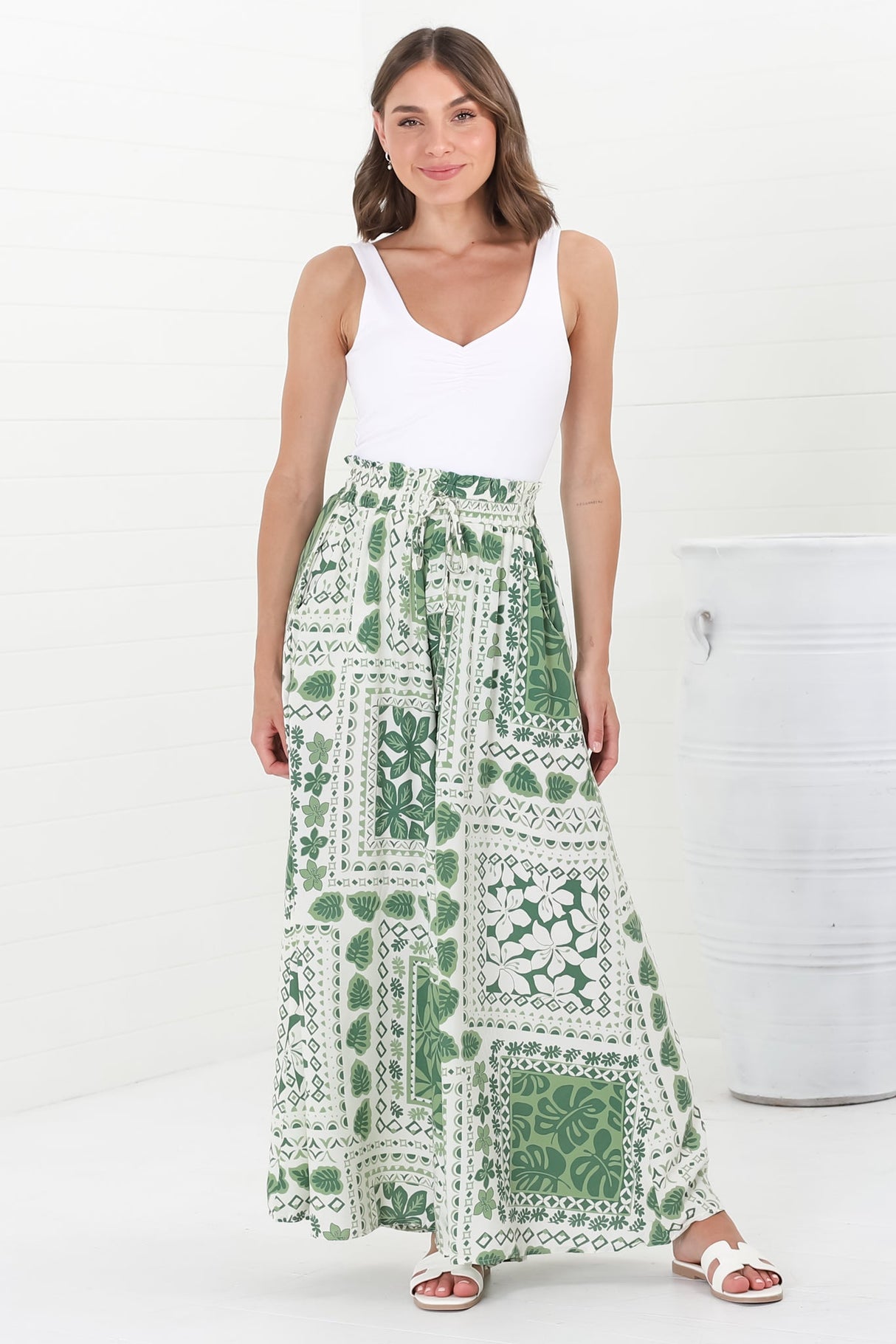 Charli Pants - Paper Bag High Waisted Wide Leg Pants in Halia Print Green