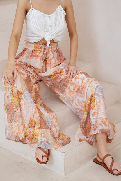 Charli Pants -  Paper Bag High Waisted Wide Leg Pants in Indie Print