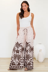 Charli Pants - Paper Bag High Waisted Wide Leg Pants in Jinnie Print Beige