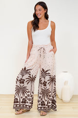 Charli Pants - Paper Bag High Waisted Wide Leg Pants in Jinnie Print Beige