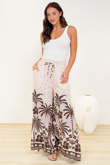 Charli Pants - Paper Bag High Waisted Wide Leg Pants in Jinnie Print Beige