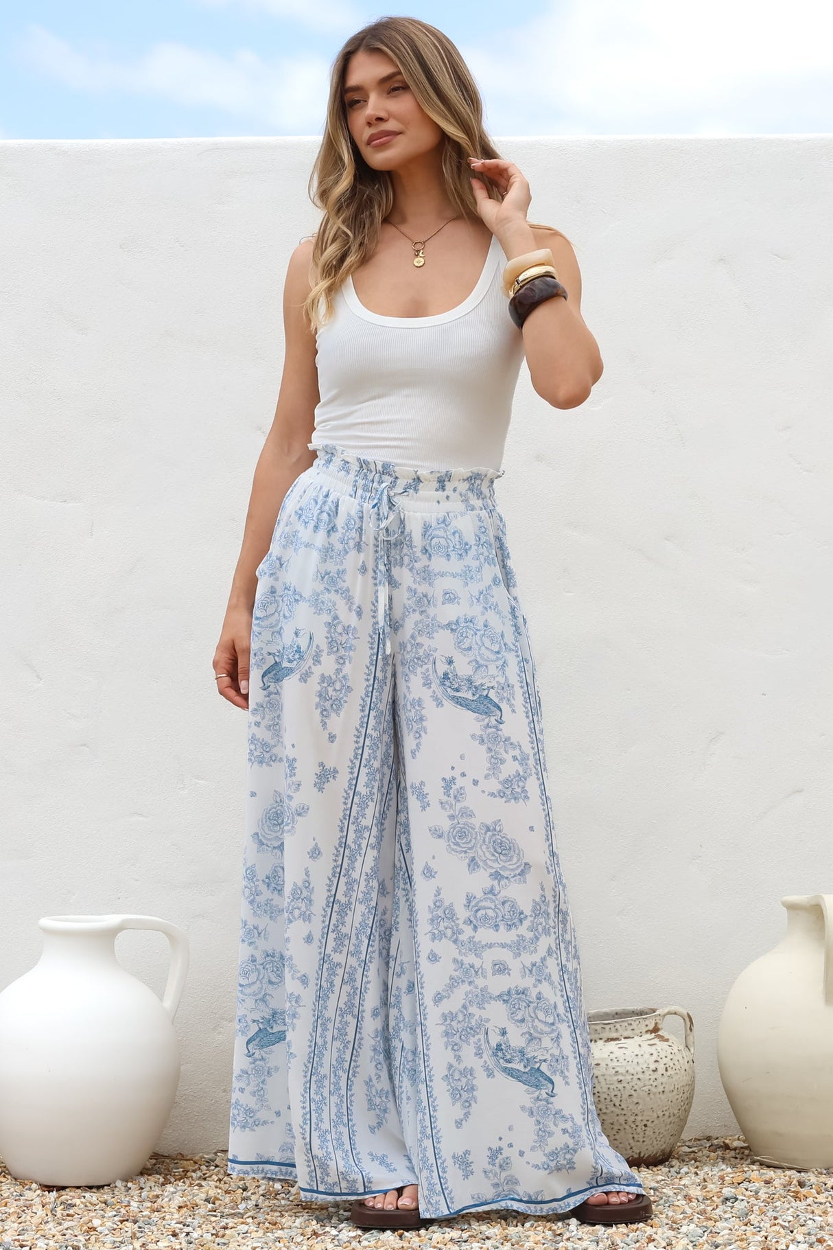 Charli Pants -  Paper Bag High Waisted Wide Leg Pants in Josie Print