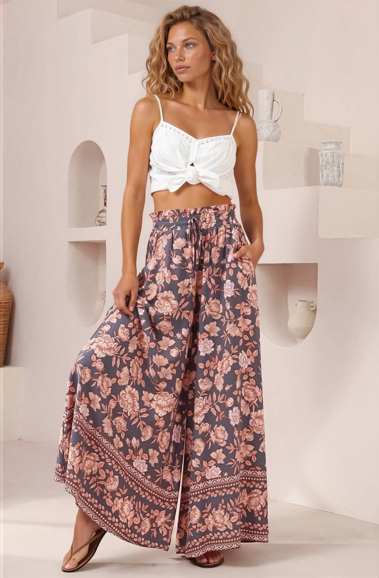 Model wearing Charli Pants in Leandra Print from Salty Crush