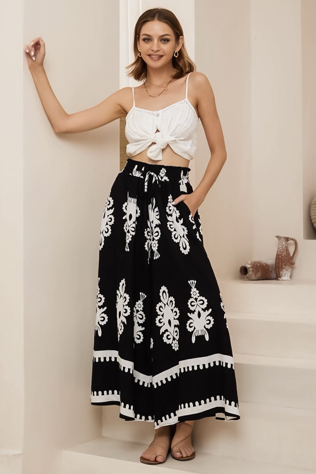 Mezza Pants - Paper Bag High Waisted Wide Leg Pants in Maceo Print Black